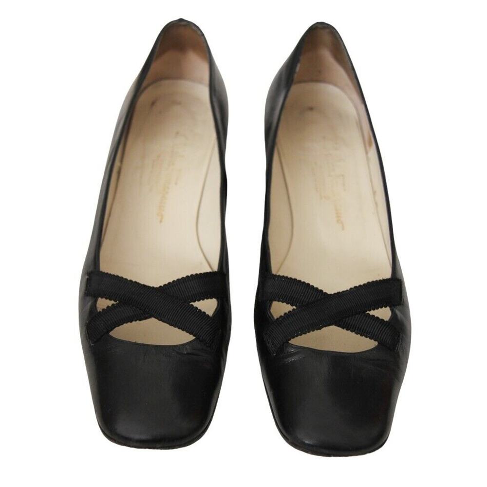 Salvatore Ferragamo Black Leather Elastic Crisscross Square Toe Pumps - Picture 2 of 9